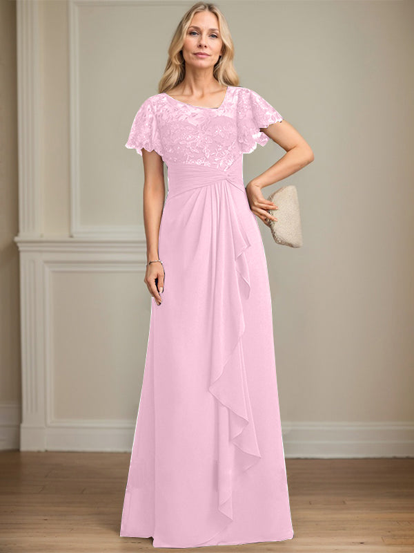 A-Linie asymmetrisches Illusions bodenlanges Spitzen-Chiffon Brautmutterkleid mit kaskadierenden Volants und Pailletten