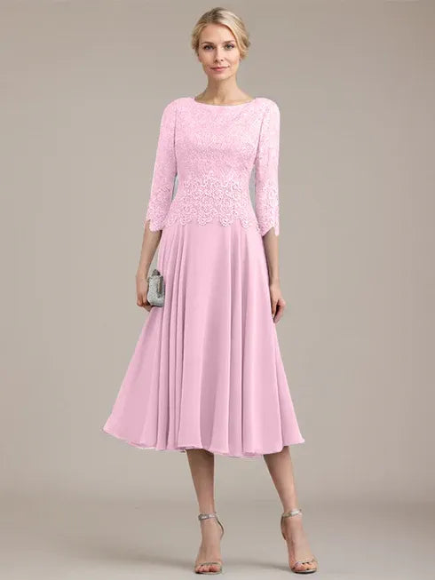 A-Linien Kleid mit Rundhalsausschnitt, tea-länge, Spitze und Chiffon, Mutter der Braut Kleid