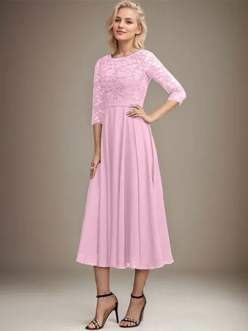 A-Linien Spitzen-Chiffon-Brautmutterkleid mit V-Ausschnitt, tea-length, mit Pailletten