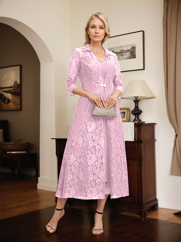 Robe mère de la mariée en mousseline longueur thé à encolure en V et coupe trapèze