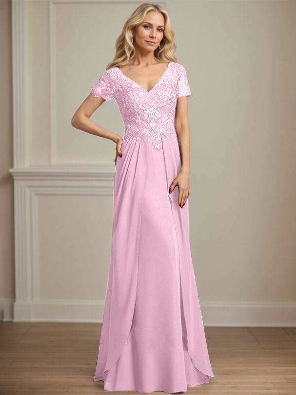 A-Linien Chiffon-Spitzen-Mutter-der-Braut-Kleid mit V-Ausschnitt, bodenlang