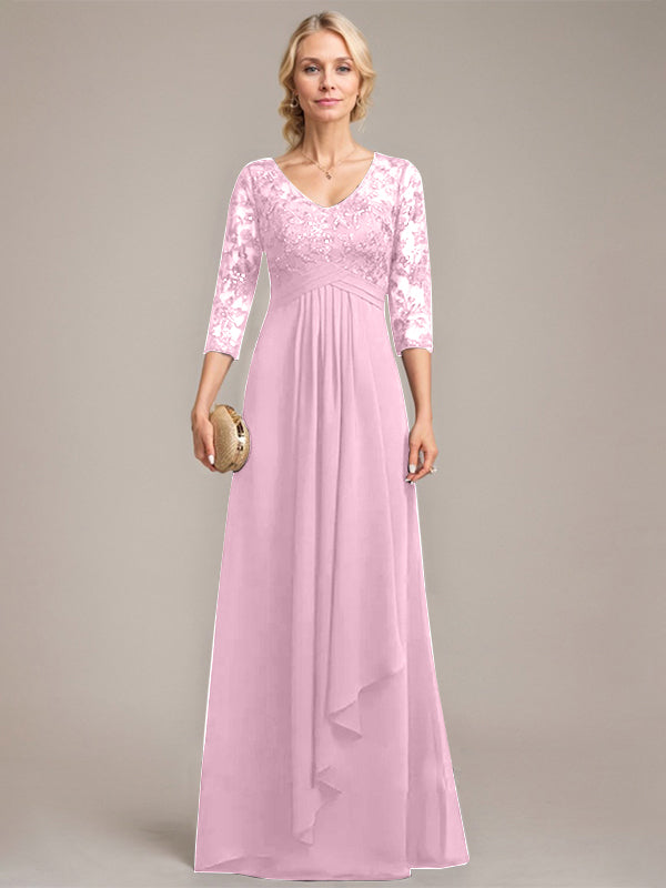 A-Linien V-Ausschnitt bodenlanges Spitzen-Chiffonkleid für die Mutter der Braut mit kaskadierenden Rüschen und Pailletten