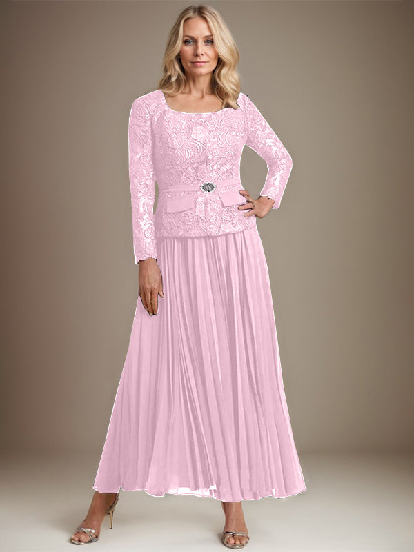 A-Linien-Kleid mit quadratischem Ausschnitt, knöchellang, Chiffon, Mutter der Braut, mit Falten