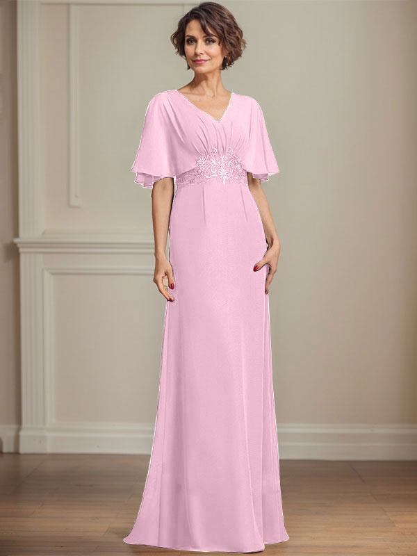 A-Linien Chiffon Mutter-der-Braut-Kleid mit V-Ausschnitt, bodenlang, mit plissierten Pailletten-Applikationen und Spitze