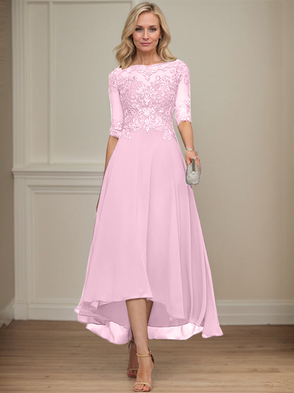 A-Linien Bootsausschnitt Illusionskleid mit asymmetrischem Chiffon-Spitzenstoff, Mutter-der-Braut-Kleid mit Paillettenperlen