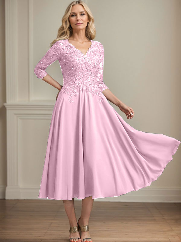 Robe de mère de la mariée en mousseline longueur thé, ligne A, col en V, en dentelle avec perles et sequins