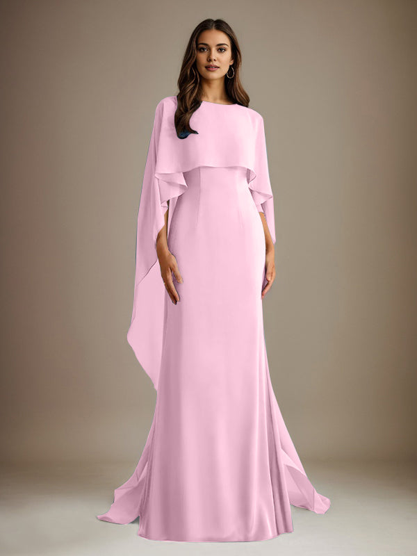 Etuikleid/Säulenkleid Bootsausschnitt bodenlanges Chiffon Mutter-des-Braut-Kleid mit kaskadierenden Rüschen
