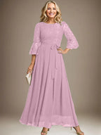 A-line Scoop Ankle-Length Lace Chiffon Mother of the Bride Dress With Bow