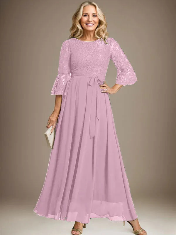 A-line Scoop Ankle-Length Lace Chiffon Mother of the Bride Dress With Bow