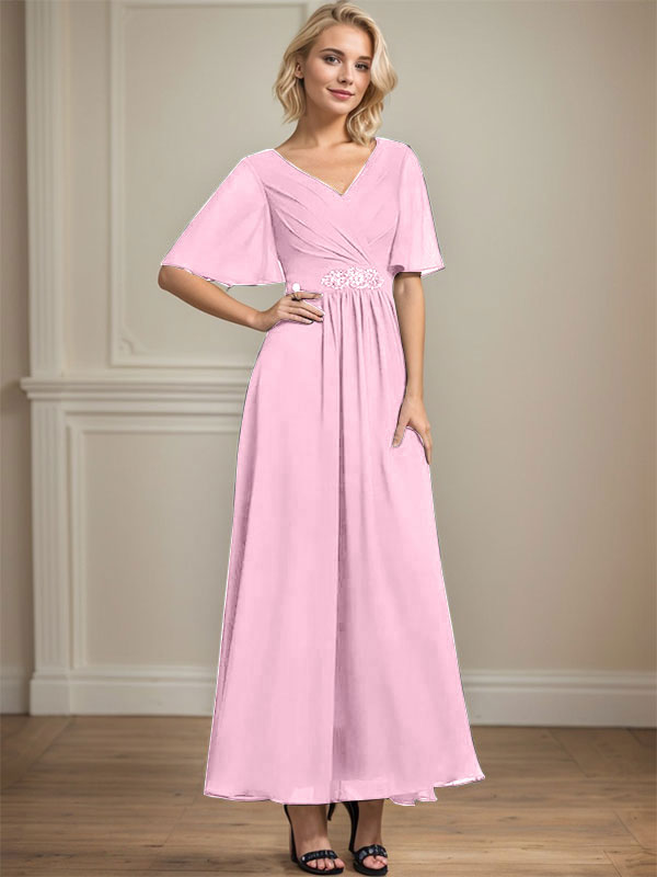 A-Linien V-Ausschnitt Knöchellanges Chiffon Kleid für die Brautmutter mit plissierten Perlen und Pailletten