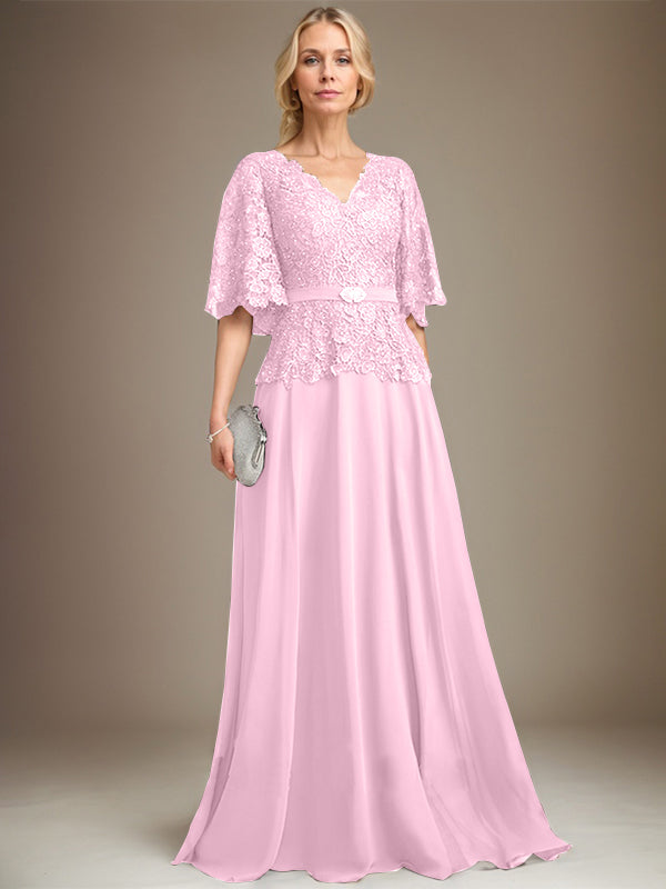 A-Linien V-Ausschnitt Bodenlanges Chiffon-Spitzen Mutter-der-Braut-Kleid mit Kristallbrosche und Strass