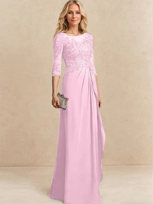 Vestido para la madre de la novia línea A con escote redondo ilusión, largo hasta el suelo, de gasa y encaje con cuentas, lentejuelas y volantes en cascada
