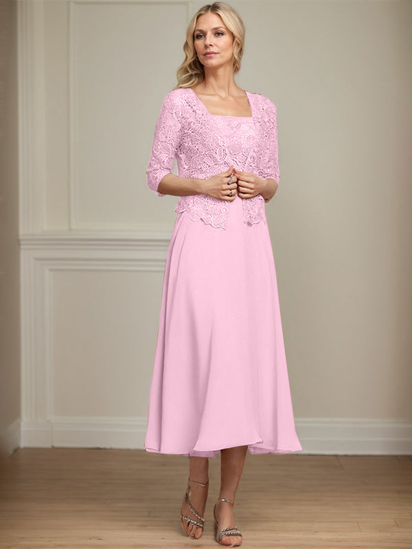 Robe de mère de la mariée en mousseline et dentelle ligne A longueur thé avec perles et sequins