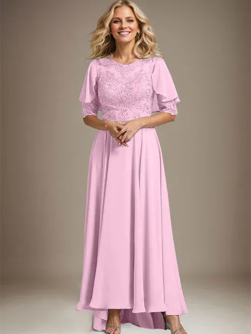 A-Linien Kleid mit Scoop-Ausschnitt, Illusion, asymmetrischem Chiffon und Spitzen, Mutter-der-Braut-Kleid mit Perlenbesatz