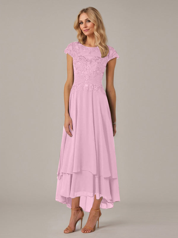 A-Linien Boot-Ausschnitt Illusions asymmetrisches Chiffon-Spitzen Mutterkleid der Braut mit Applikationsfalten