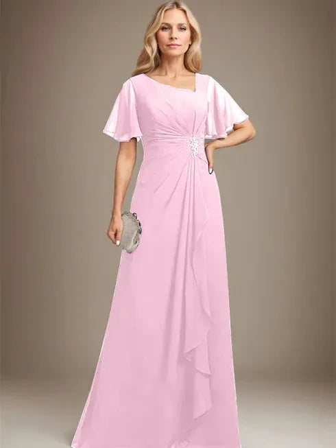 A-Linien asymmetrisches bodenlanges Chiffon Mutter-der-Braut-Kleid mit plissierten Perlen und Pailletten
