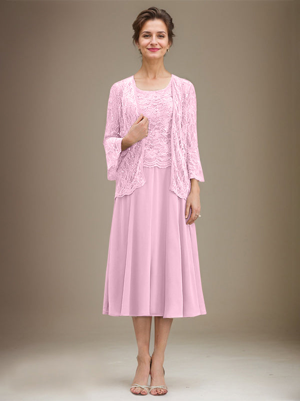 A-Linien Spitzen-Chiffon-Brautmutterkleid mit V-Ausschnitt, tea-length, mit Pailletten