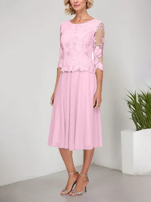 A-Linie Rundhals Tee-Länge Spitze Chiffon Mutter-der-Braut-Kleid mit Stickerei