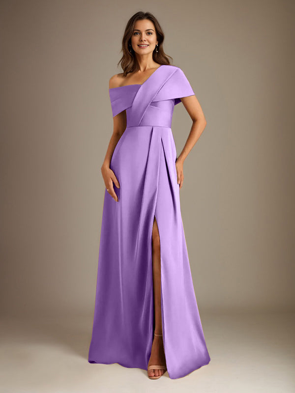 A-Linien asymmetrischer Ausschnitt bodenlanges Satin-Brautkleid für die Brautmutter mit Falten