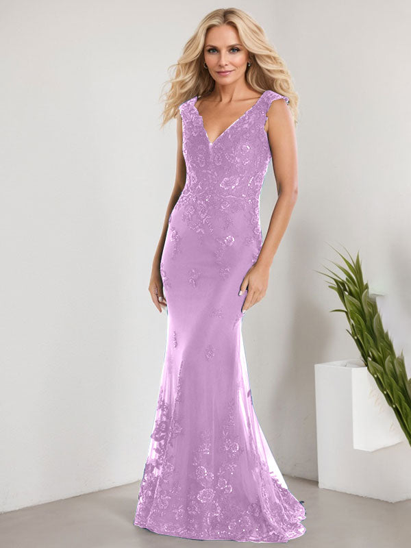 A-Linien V-Ausschnitt bodenlanges Spitzen-Chiffon Kleid für die Brautmutter mit Applikationen und Pailletten Meerjungfrauenkleid