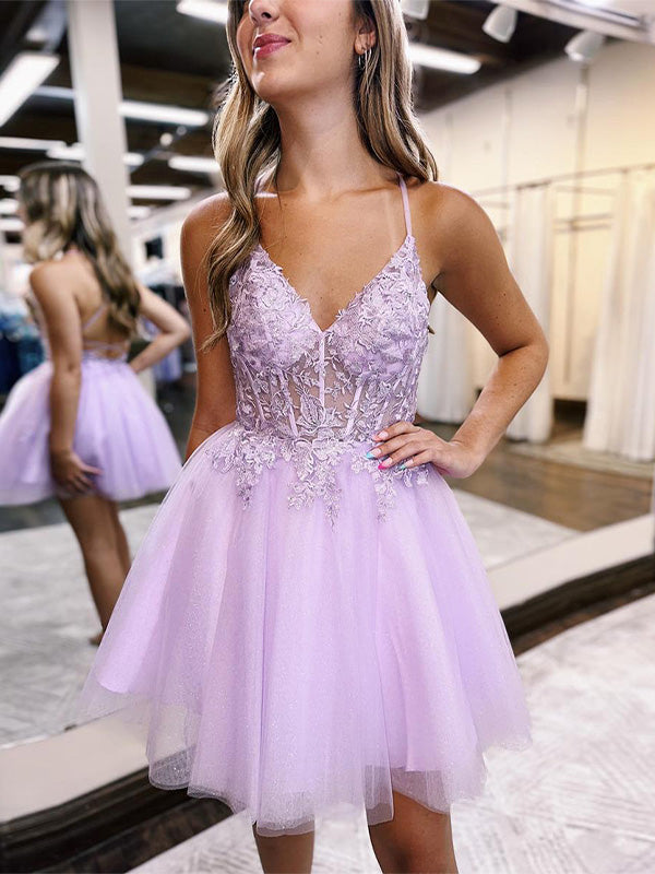 Lilac A-Line Lace Up Tulle Homecoming Dress With Appliques