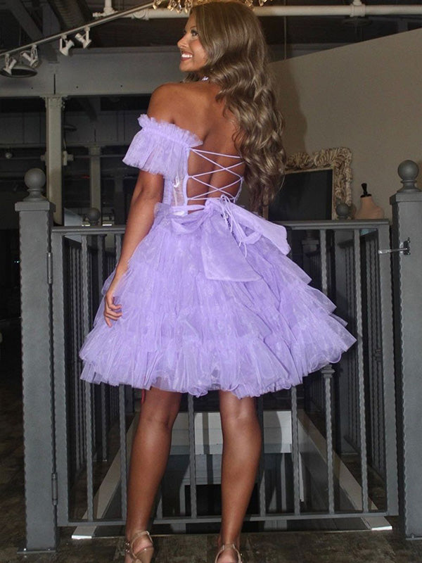 Lilac A-Line Off The Shoulder Lace Up Short Tulle Homecoming Dress