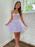Lilac A-Line Strapless Zipper Back Tiered Tulle Homecoming Dress