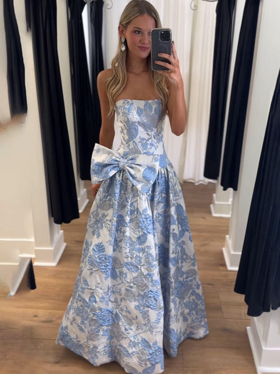 Lilac Floral A Line Strapless Long Prom Dress with Bow