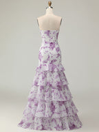 Lilac Flower Mermaid Strapless Tiered Print Long Prom Dress with Ruffles