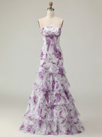 Flower Mermaid Strapless Tiered Print Long Prom Dress with Ruffles