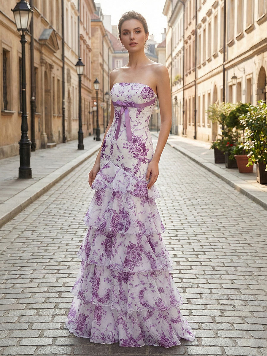 Lilac Flower Mermaid Strapless Tiered Print Long Prom Dress with Ruffles