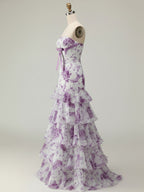 Lilac Flower Mermaid Strapless Tiered Print Long Prom Dress with Ruffles