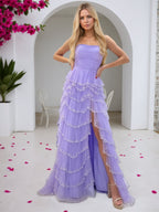 Glitter Light Blue A-Line Strapless Tulle Long Prom Dress with Ruffled Skirt