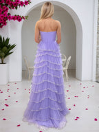 Glitter Light Blue A-Line Strapless Tulle Long Prom Dress with Ruffled Skirt