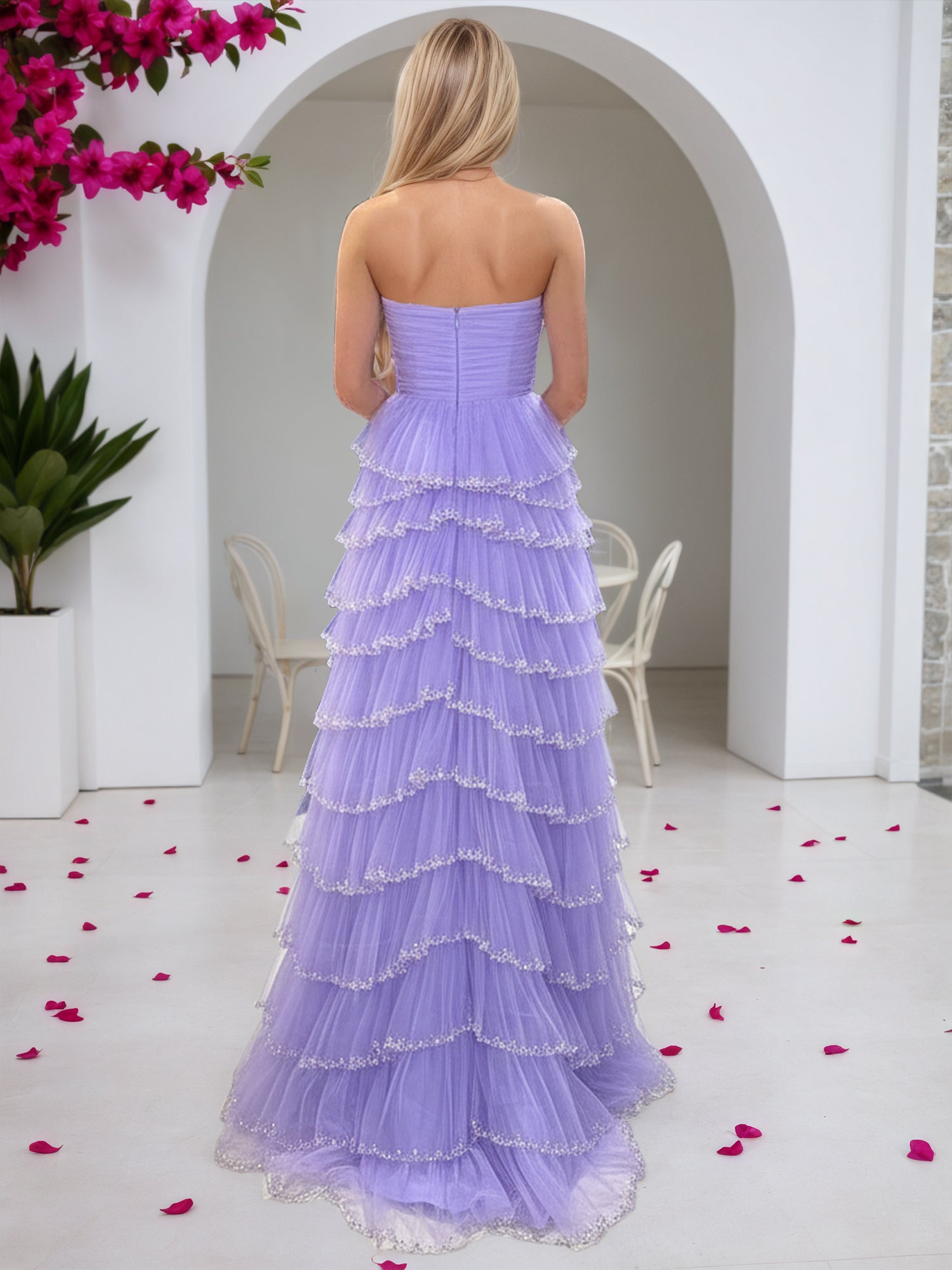 Glitter Light Blue A-Line Strapless Tulle Long Prom Dress with Ruffled Skirt