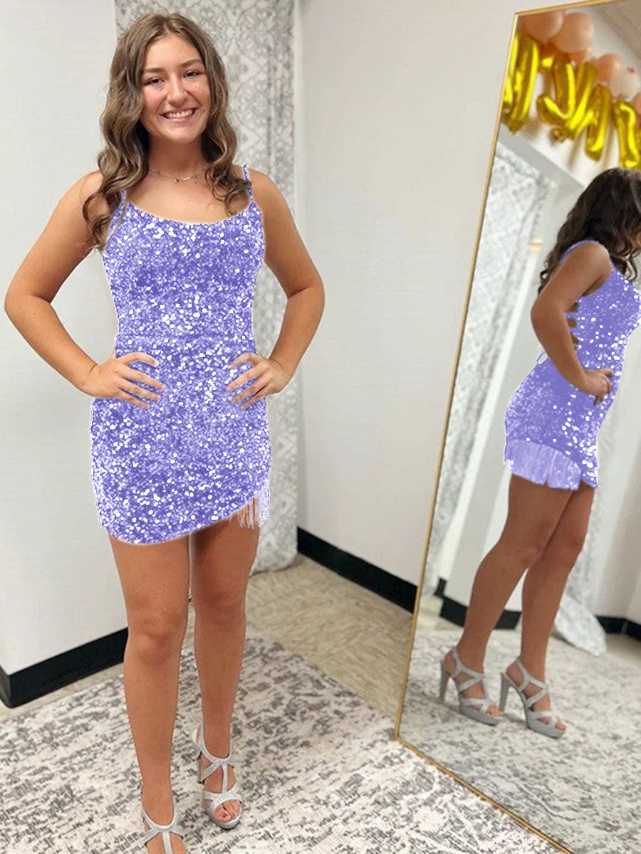 Robe courte moulante à sequins avec bretelles spaghetti ajustée pour soirée de retour