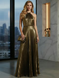 Robe de bal longue plissée en or champagne luxueux à col licou