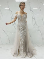 Luxurious Champagne Beaded Off-the-Shoulder Prom Dress with Tulle Train