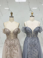 Luxurious Champagne Beaded Off-the-Shoulder Prom Dress with Tulle Train