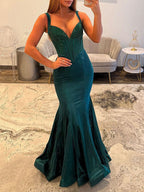 Vestido de fiesta sirena con corsé de cuentas verde esmeralda lujoso