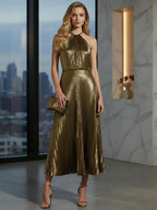 Luxurious Champagne-Gold Pleated Halter Midi Prom Dress