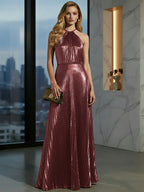 Robe de bal longue plissée en or champagne luxueux à col licou