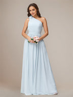 Light Blue A Line Chiffon One Shoulder Sleeveless Floor Length Bridesmaid Dresses