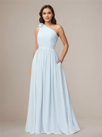 Light Blue A Line Chiffon One Shoulder Sleeveless Floor Length Bridesmaid Dresses