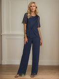 2 Piece Jumpsuit / Pantsuit Crew Neck Floor Length Chiffon Mother of the Bride Dress
