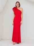Red Stretch Crepe One Shoulder Sleeveless Ankle Length Dress With Ruffles