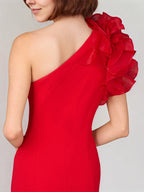 Red Stretch Crepe One Shoulder Sleeveless Ankle Length Dress With Ruffles