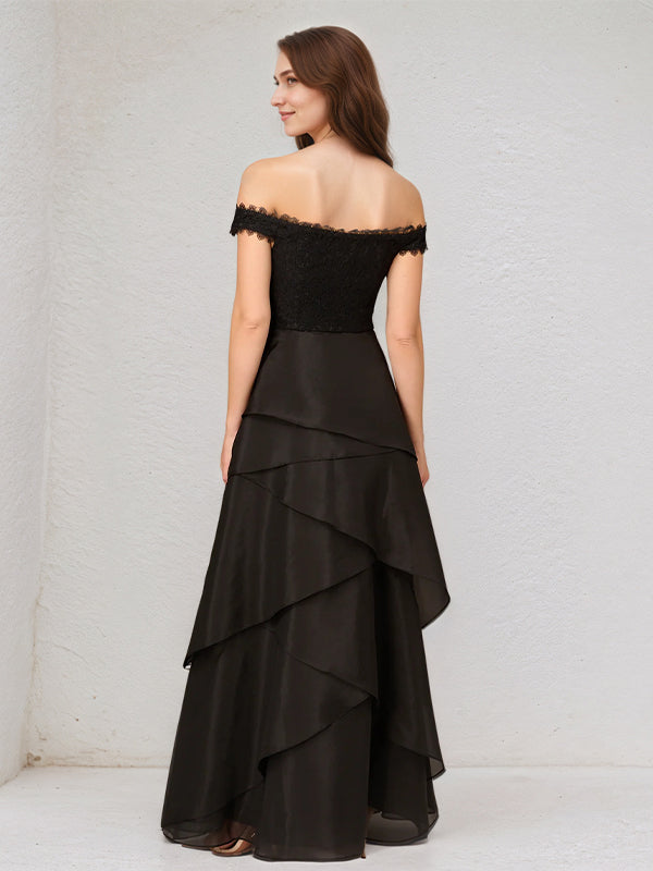 A Line Black Chiffon Off the Shoulder Sleeveless Floor Length Dress With Appliques