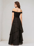 A Line Black Chiffon Off the Shoulder Sleeveless Floor Length Dress With Appliques