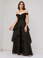 A Line Black Chiffon Off the Shoulder Sleeveless Floor Length Dress With Appliques